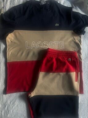 Lacoste Navy, Tan & Red Colorblock Tee and Shorts Set